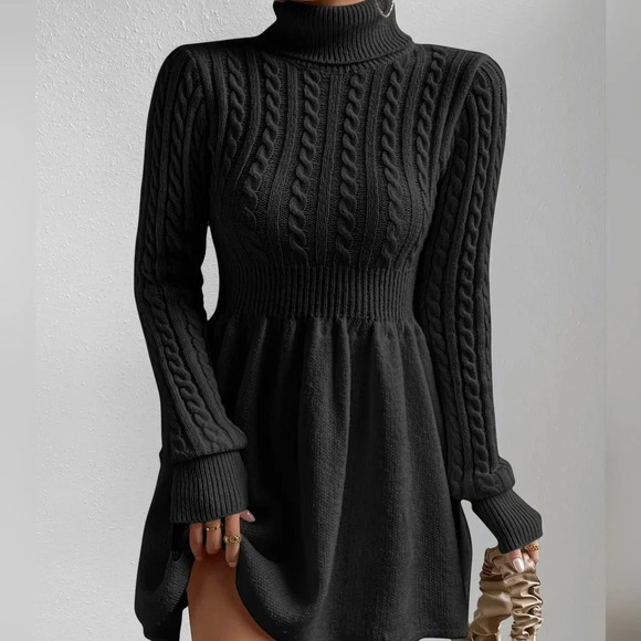 Cable Knit Turtleneck Sweater Dress - Picture 2 of 6